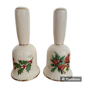Vintage 1974 and 1975 Porcelain Ceramic Christmas Holiday Hand Dinner Bells